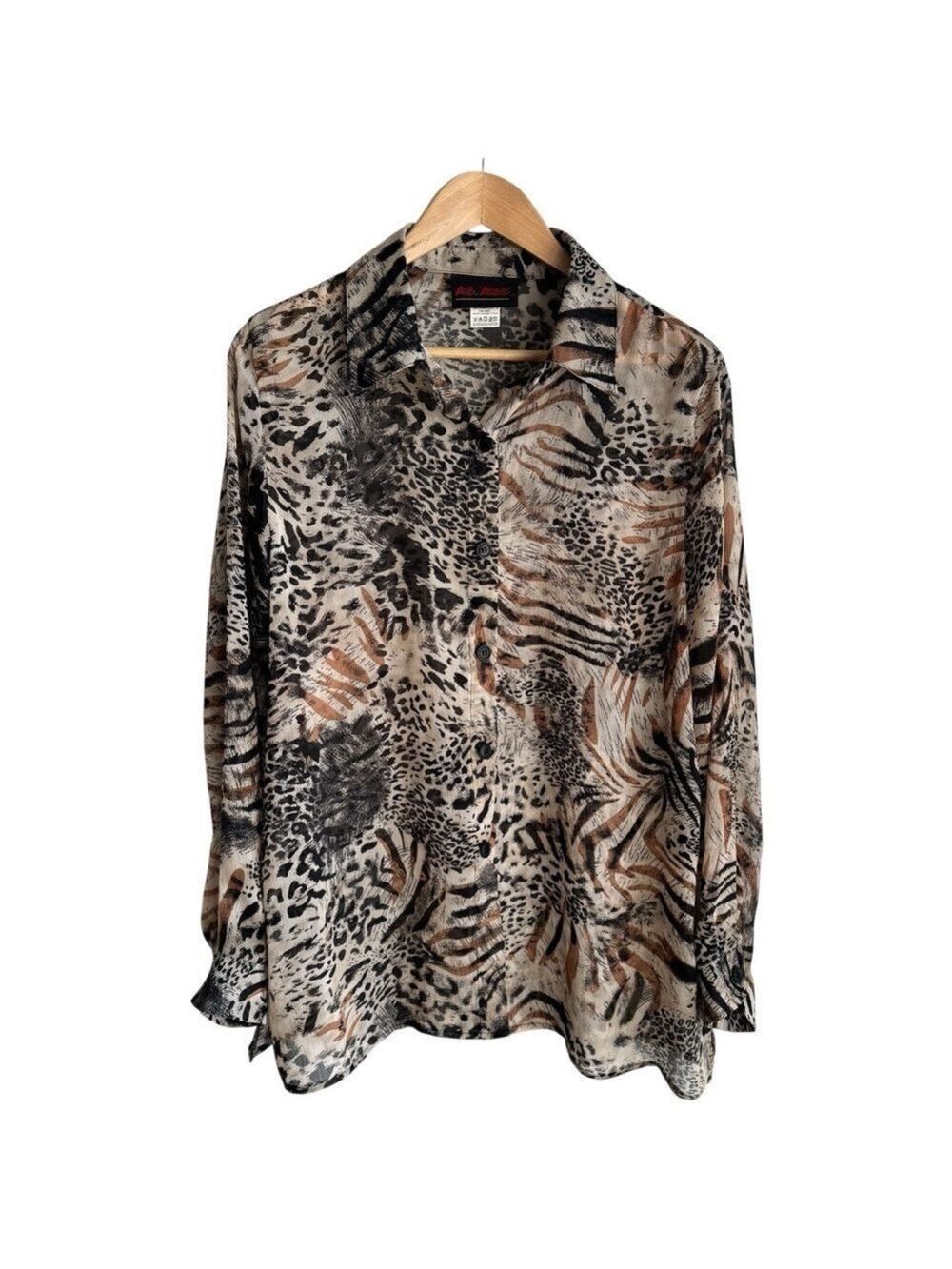 Vintage 90s Sheer Animal Print Blouse Sz M/L Beige Cheetah Tiger Button Down EUC